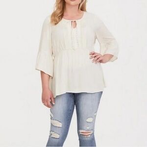 Torrid NEW 3/4 Bell Sleeves Tie Front Pintuck / Lace Boho Top Blouse Sz 2X